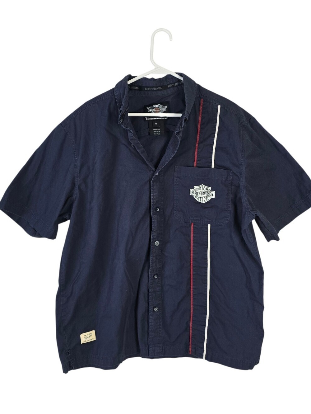 Harley Davidson Short Sleeve Button Down Mechanic Style Shirt XL Navy Striped